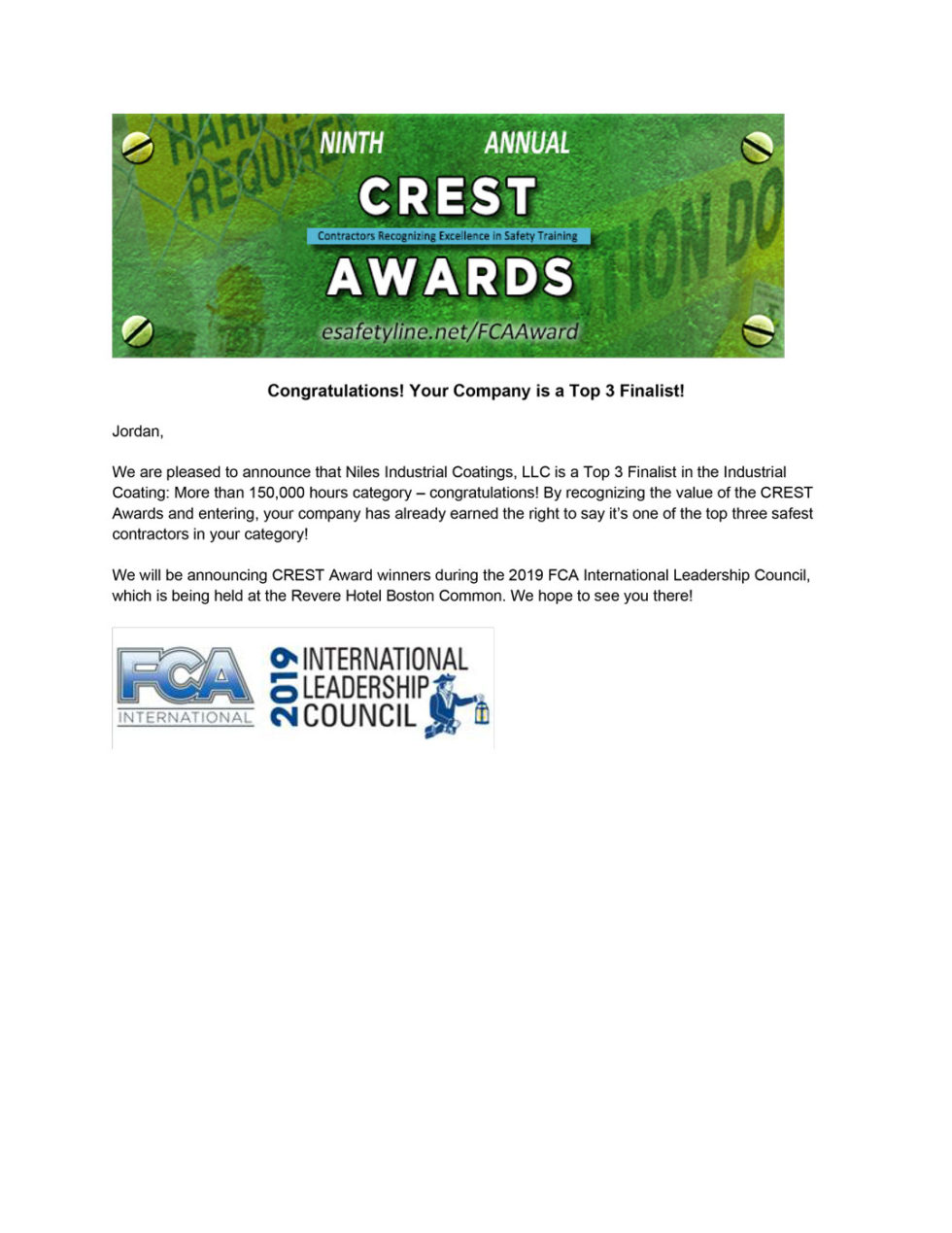 Crest Award Top 3 Finalist Niles Industrial Coatings