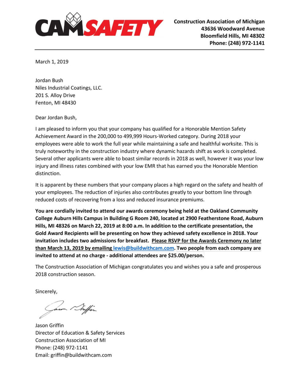Niles Industrial Safety Achievement Award Niles Industrial Coatings